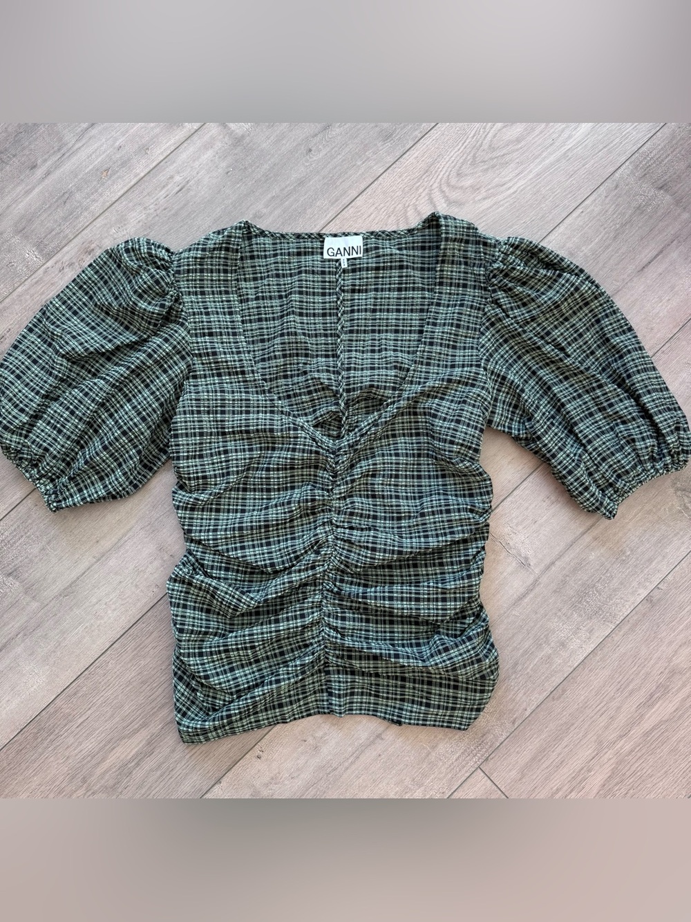 Ganni M Stretch Seersucker Runched Blouse Plaid Puff-Sleeve Top Green